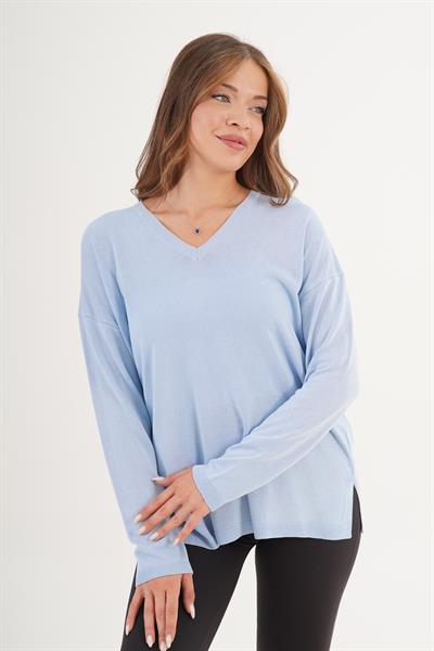 V Yaka Yan Yırtmaçlı İnce Bebe Mavi Triko Kazak