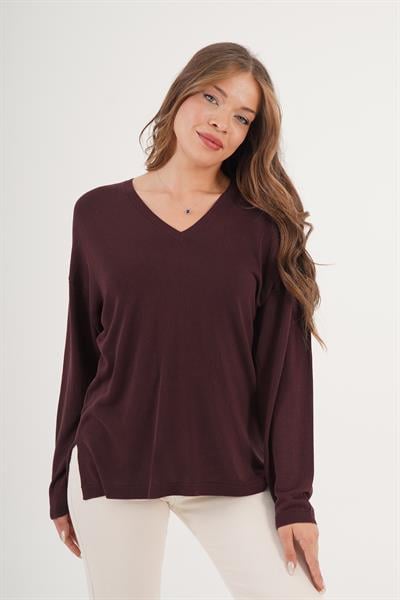 V Yaka Yan Yırtmaçlı İnce Kahve Triko Kazak