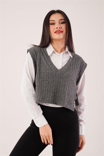 V Yaka Yandan Bağlamalı Antrasit Kaşkorse Bluz