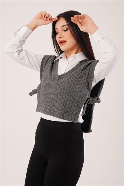 V Yaka Yandan Bağlamalı Antrasit Kaşkorse Bluz