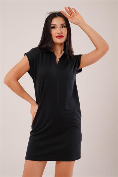V Yaka Yumuşacık Cepli Siyah Mini Elbise