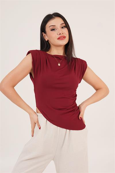 Vatkalı Asimetrik Yandan Büzgülü Bordo Bluz	