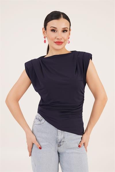 Vatkalı Asimetrik Yandan Büzgülü Lacivert Bluz	