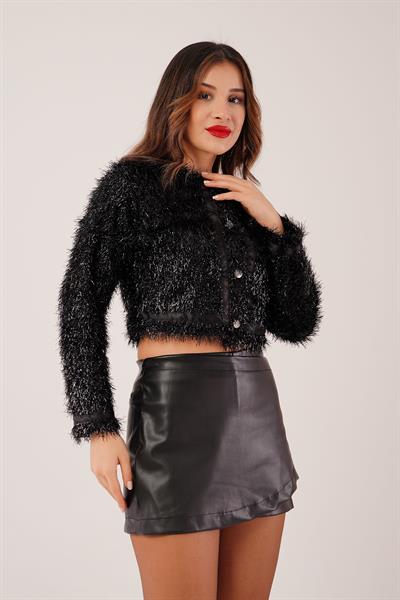 Vespera Işıltılı Saçaklı Siyah Ceket