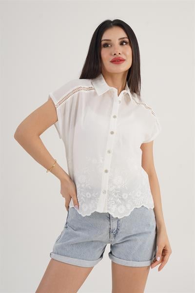 Vual Kısa Kol Nakış İşlemeli Beyaz Gömlek