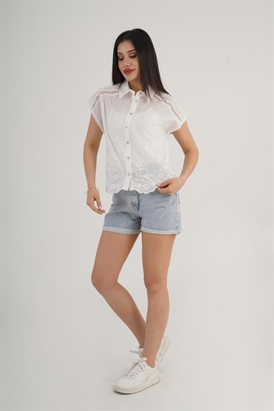 Vual Kısa Kol Nakış İşlemeli Beyaz Gömlek