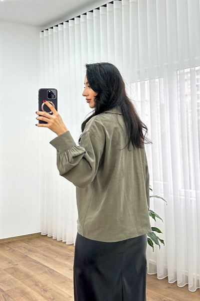 Yaka Bağlamalı Dökümlü Haki Bluz