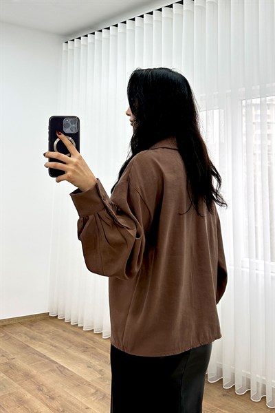 Yaka Bağlamalı Dökümlü Kahve Bluz