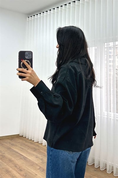 Yaka Bağlamalı Dökümlü Siyah Bluz