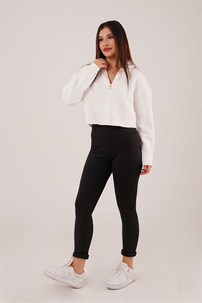 Yaka Fermuarlı Polarlı Beyaz Kısa Sweatshirt