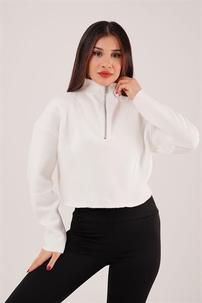 Yaka Fermuarlı Polarlı Beyaz Kısa Sweatshirt