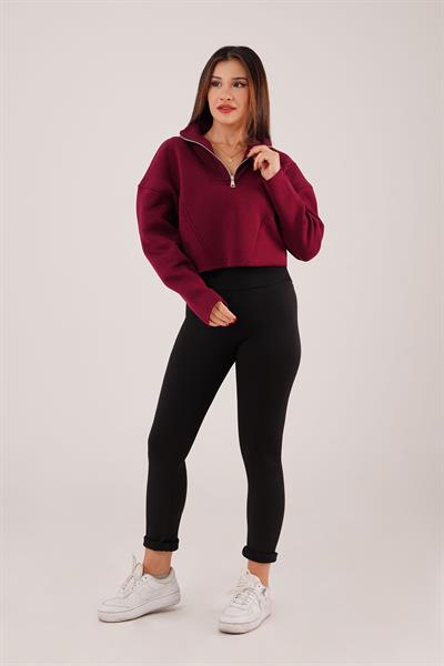 Yaka Fermuarlı Polarlı Bordo Kısa Sweatshirt