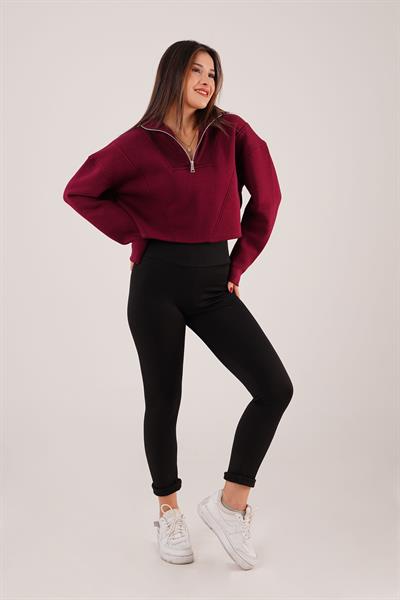 Yaka Fermuarlı Polarlı Bordo Kısa Sweatshirt