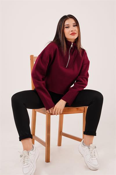 Yaka Fermuarlı Polarlı Bordo Kısa Sweatshirt
