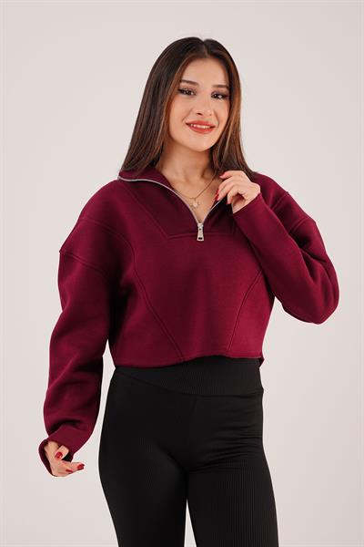 Yaka Fermuarlı Polarlı Bordo Kısa Sweatshirt