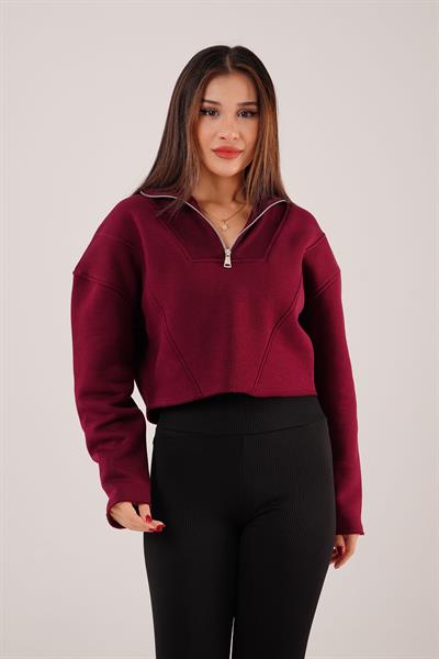 Yaka Fermuarlı Polarlı Bordo Kısa Sweatshirt