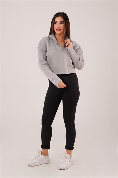 Yaka Fermuarlı Polarlı Gri Kısa Sweatshirt