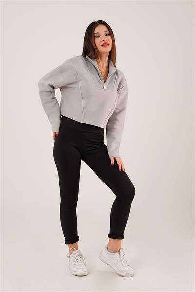 Yaka Fermuarlı Polarlı Gri Kısa Sweatshirt