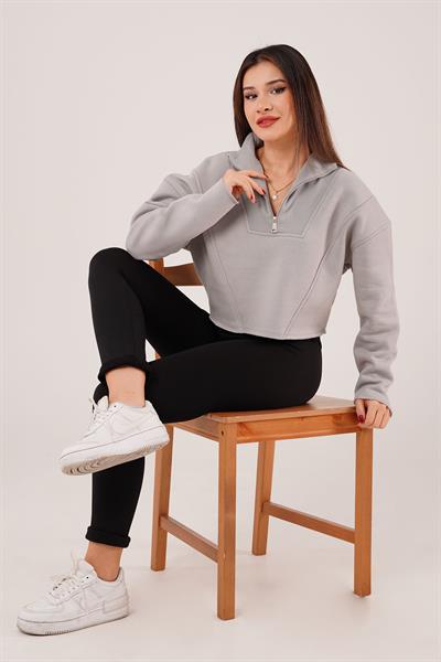 Yaka Fermuarlı Polarlı Gri Kısa Sweatshirt