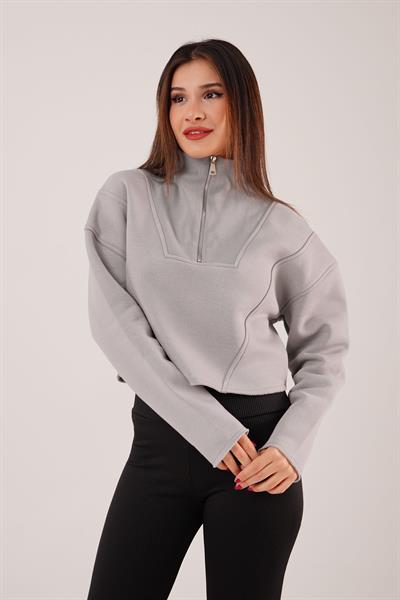 Yaka Fermuarlı Polarlı Gri Kısa Sweatshirt