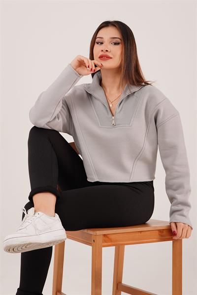 Yaka Fermuarlı Polarlı Gri Kısa Sweatshirt