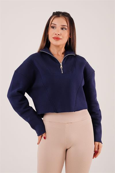 Yaka Fermuarlı Polarlı Lacivert Kısa Sweatshirt