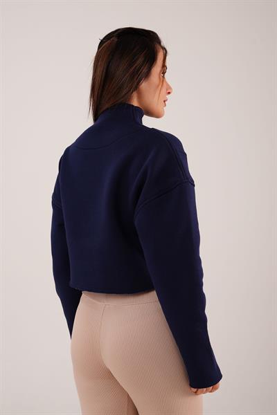 Yaka Fermuarlı Polarlı Lacivert Kısa Sweatshirt