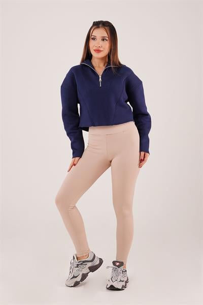 Yaka Fermuarlı Polarlı Lacivert Kısa Sweatshirt