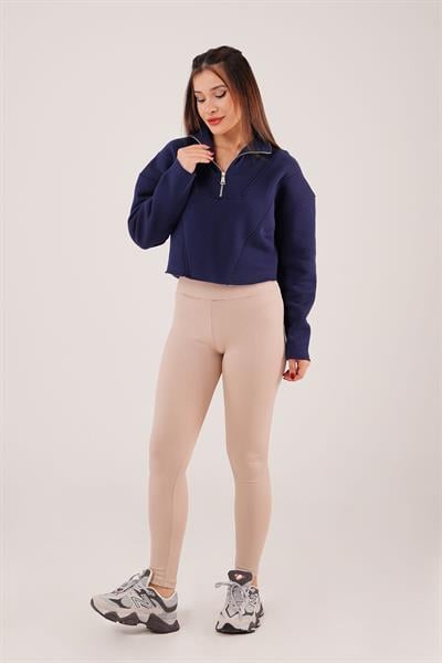 Yaka Fermuarlı Polarlı Lacivert Kısa Sweatshirt