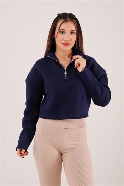 Yaka Fermuarlı Polarlı Lacivert Kısa Sweatshirt
