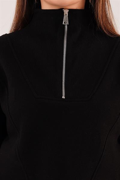 Yaka Fermuarlı Polarlı Siyah Kısa Sweatshirt