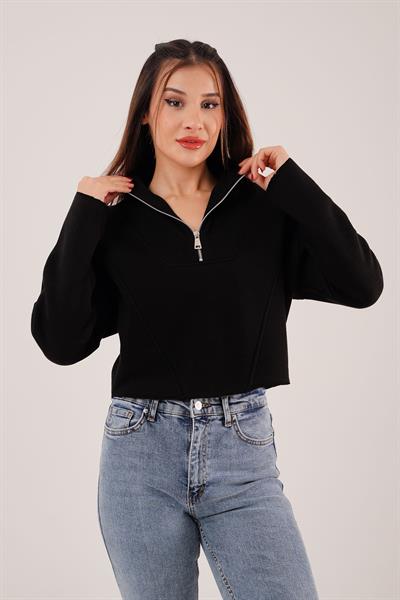 Yaka Fermuarlı Polarlı Siyah Kısa Sweatshirt