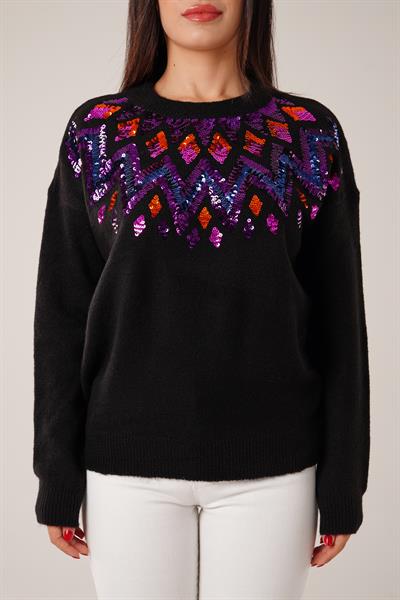 Yaka Payet İşlemeli Salaş Kesim Siyah Triko Kazak