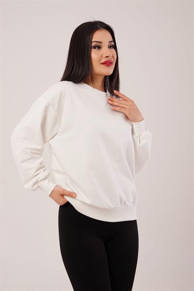 Yaka Ribanalı 2 İplik Beyaz Sweatshirt