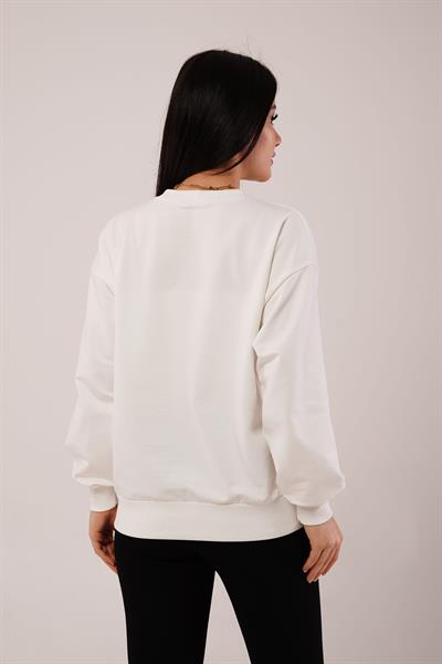 Yaka Ribanalı 2 İplik Beyaz Sweatshirt