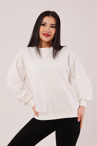 Yaka Ribanalı 2 İplik Beyaz Sweatshirt