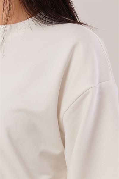 Yaka Ribanalı 2 İplik Beyaz Sweatshirt