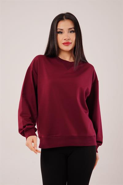 Yaka Ribanalı 2 İplik Bordo Sweatshirt