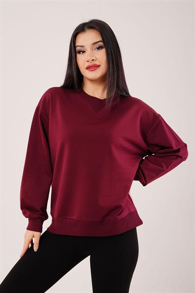 Yaka Ribanalı 2 İplik Bordo Sweatshirt