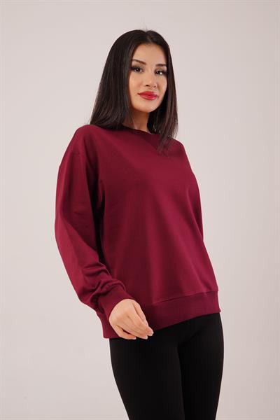 Yaka Ribanalı 2 İplik Bordo Sweatshirt