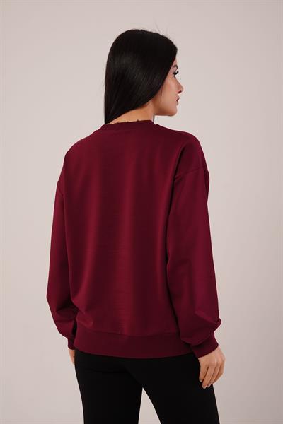 Yaka Ribanalı 2 İplik Bordo Sweatshirt