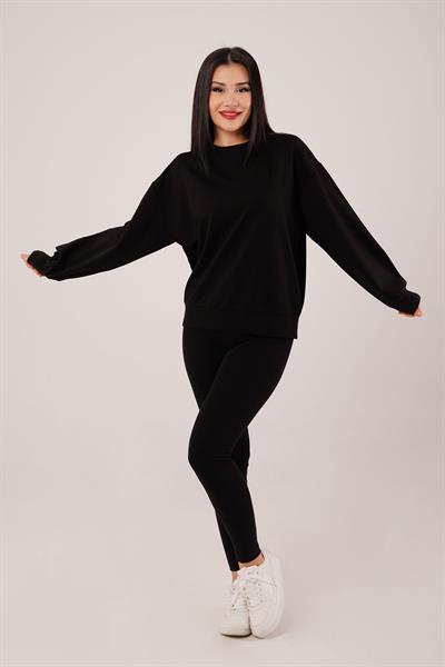 Yaka Ribanalı 2 İplik Siyah Sweatshirt
