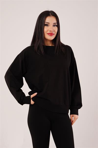 Yaka Ribanalı 2 İplik Siyah Sweatshirt
