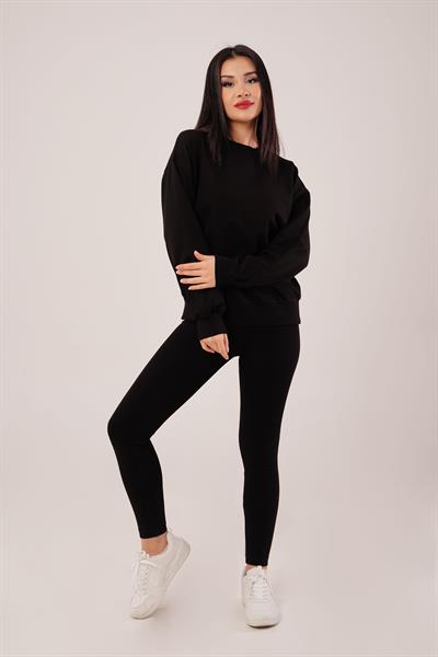 Yaka Ribanalı 2 İplik Siyah Sweatshirt
