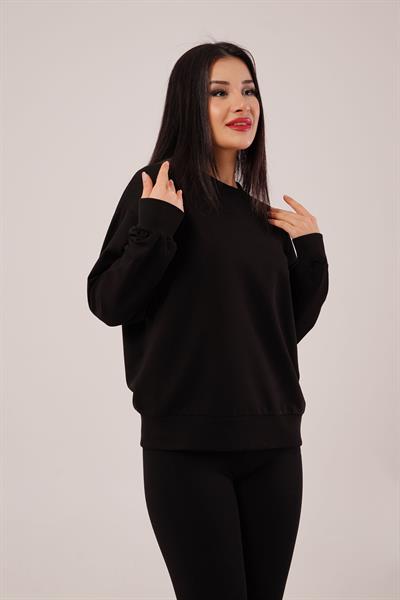 Yaka Ribanalı 2 İplik Siyah Sweatshirt