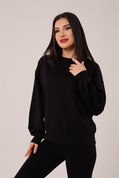 Yaka Ribanalı 2 İplik Siyah Sweatshirt