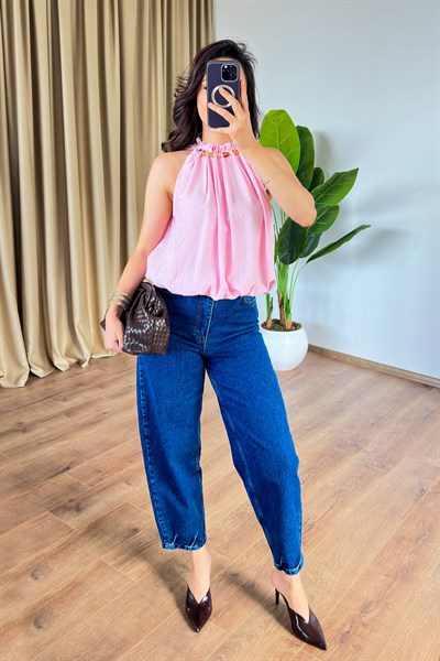 Yakası Boncuklu Balon Model Pembe Bluz