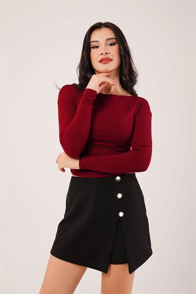 Yan Büzgülü Geniş Yaka Bordo Bluz