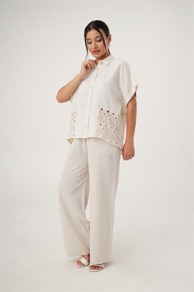 Yan Dantel Güpür Detay Oversize Keten Gömlek