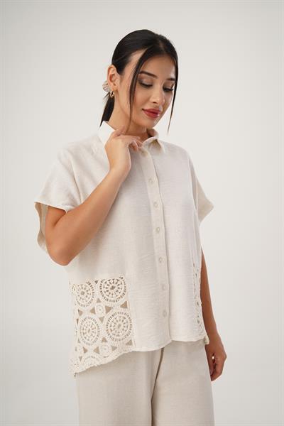 Yan Dantel Güpür Detay Oversize Keten Gömlek